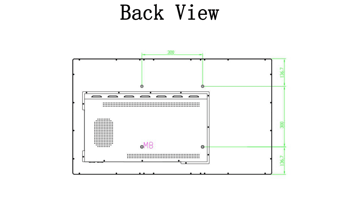 Back view technical drawing with dimensions. Back view technical drawing with dimensions.