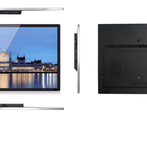 Digital display with city skyline image.
