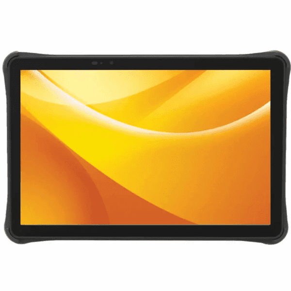 Black tablet with yellow abstract screen.