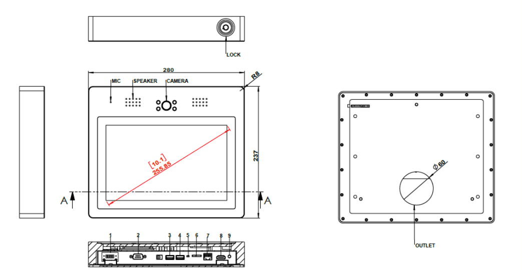 Technical diagram of a GKIND101IB-POE 10.1-inch PoE Android touch screen outdoor intercom & gate access controller, including front, side, and rear views with dimensions and component labels. Technical diagram of a GKIND101IB-POE 10.1-inch PoE Android touch screen outdoor intercom & gate access controller, including front, side, and rear views with dimensions and component labels.