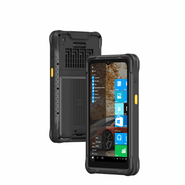 Rugged tablet displaying Windows interface.
