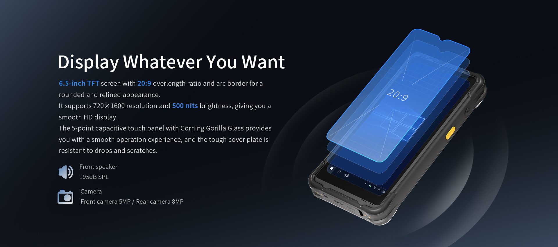 6.5-inch smartphone screen with specifications displayed. 6.5-inch smartphone screen with specifications displayed.