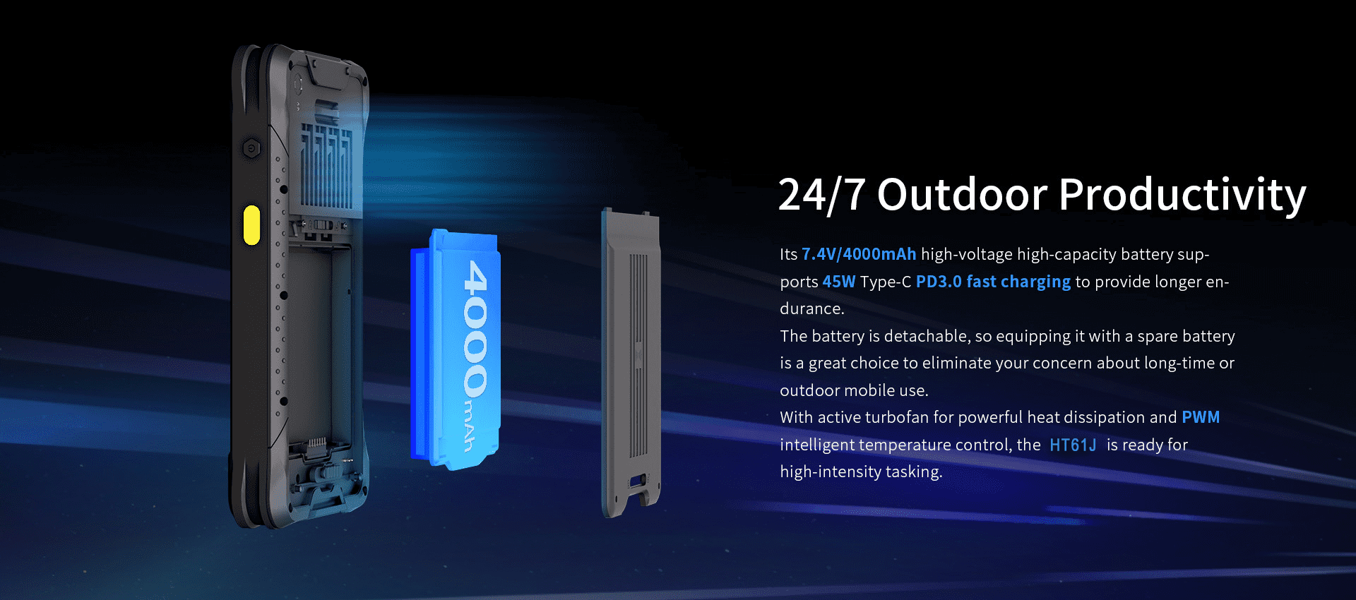 High-capacity detachable battery for outdoor use. High-capacity detachable battery for outdoor use.