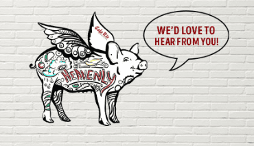 Winged pig with "Heavenly" and speech bubble.
