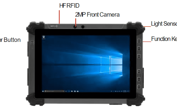 Tablet with touchscreen and various hardware features.