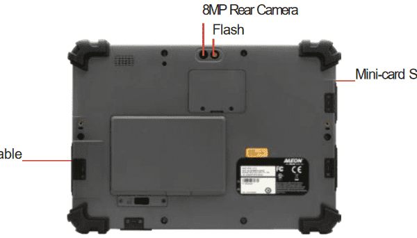Tablet back showing features and specifications.