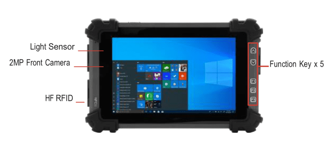 Tablet device with various features labeled. Tablet device with various features labeled.