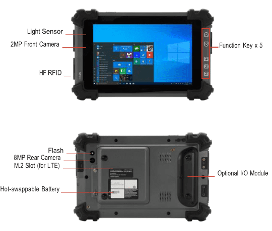 Rugged tablet with dual cameras and sensors.