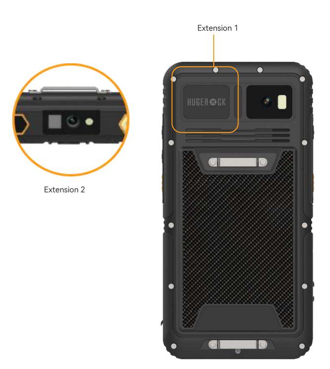 Rugged smartphone with extension features displayed. Rugged smartphone with extension features displayed.