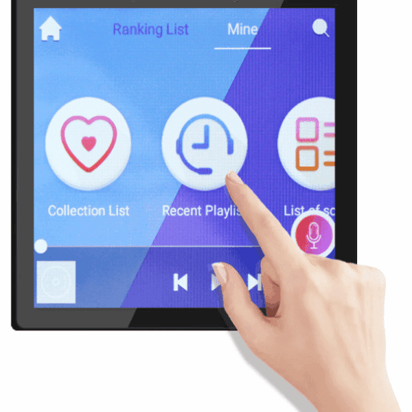 Hand tapping on touchscreen music app interface.