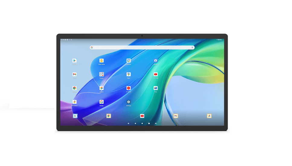 Large bezel tablet displaying colorful app grid Large bezel tablet displaying colorful app grid