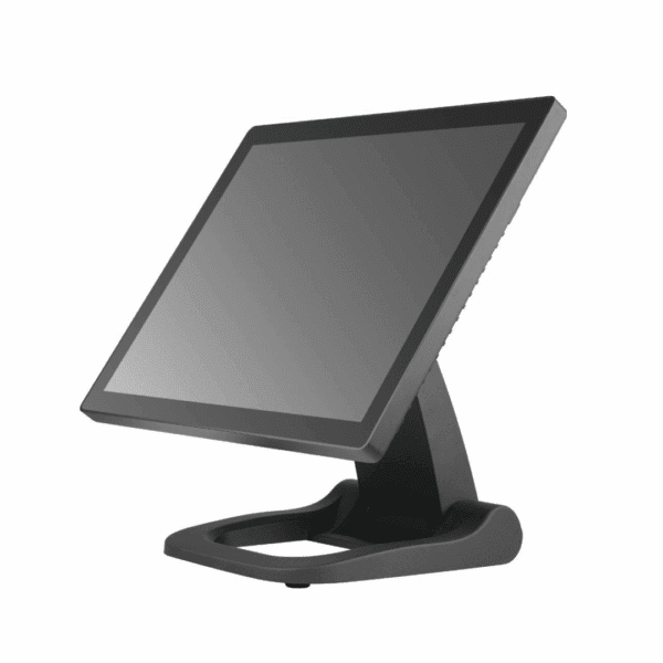 Black touchscreen monitor on stand.