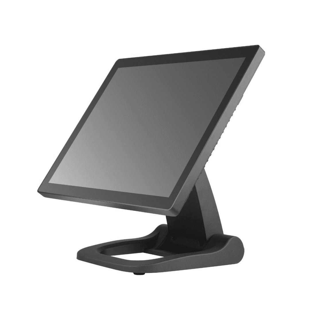 Black touchscreen monitor on stand. Black touchscreen monitor on stand.