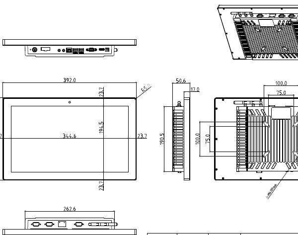 Technical drawing of a computer monitor.