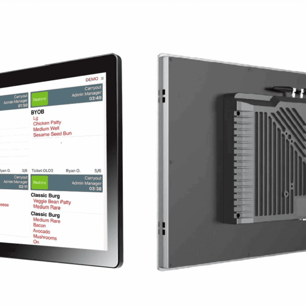 Digital order management tablet with menu display.
