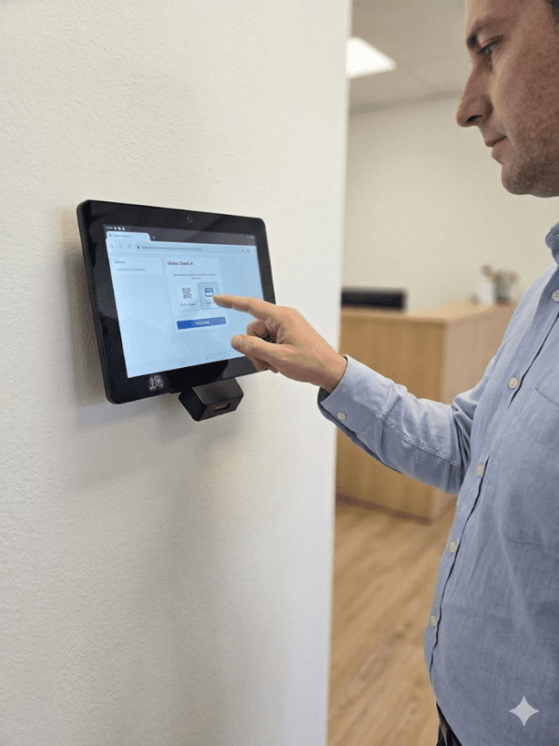 Man using touchscreen device on wall.