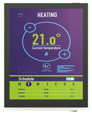 Thermostat screen displaying temperature and schedule.