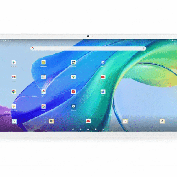White tablet displaying colorful Android home screen