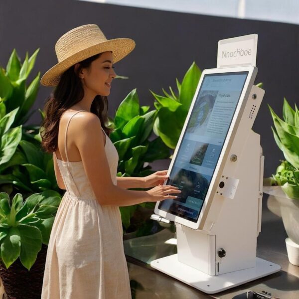 Woman using outdoor touchscreen kiosk in garden.