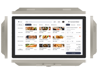 Tablet displaying food ordering menu interface.