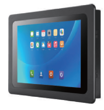 Tablet with apps on blue screen.