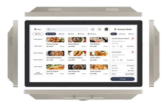 Restaurant menu displayed on a digital screen.