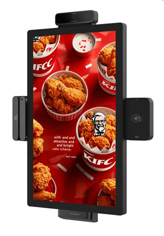 Digital screen displaying fried chicken advertisement. Digital screen displaying fried chicken advertisement.