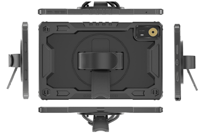 Rugged tablet with multiple angle views. Rugged tablet with multiple angle views.