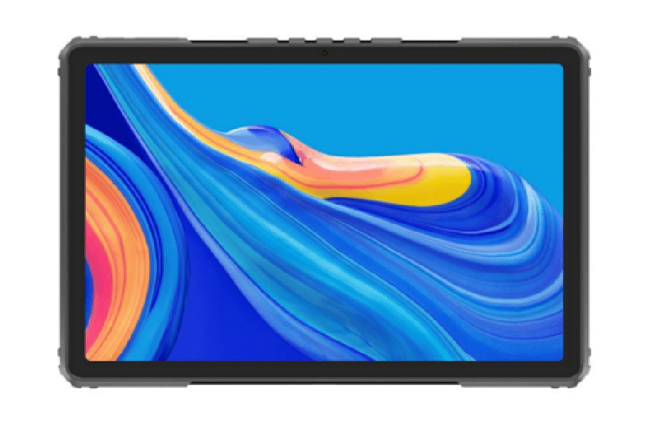 Tablet displaying colorful abstract wave design. Tablet displaying colorful abstract wave design.
