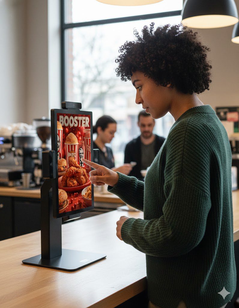Person using touchscreen ordering kiosk in cafe.