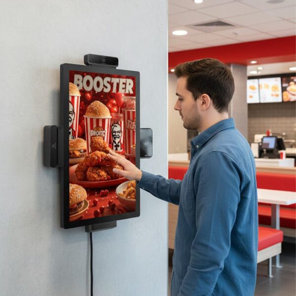 Man using fast-food touchscreen ordering kiosk.