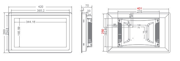 Technical drawing of a rectangular electronic device. Technical drawing of a rectangular electronic device.