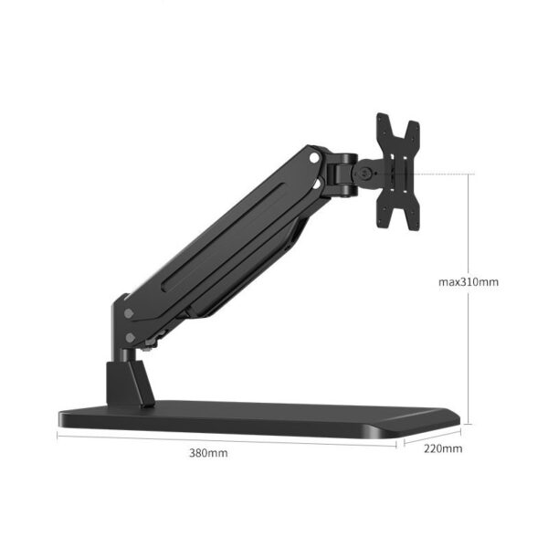 Adjustable black monitor arm with measurements displayed.