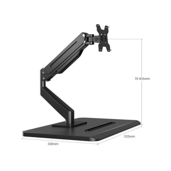 Adjustable monitor arm with base and measurements.