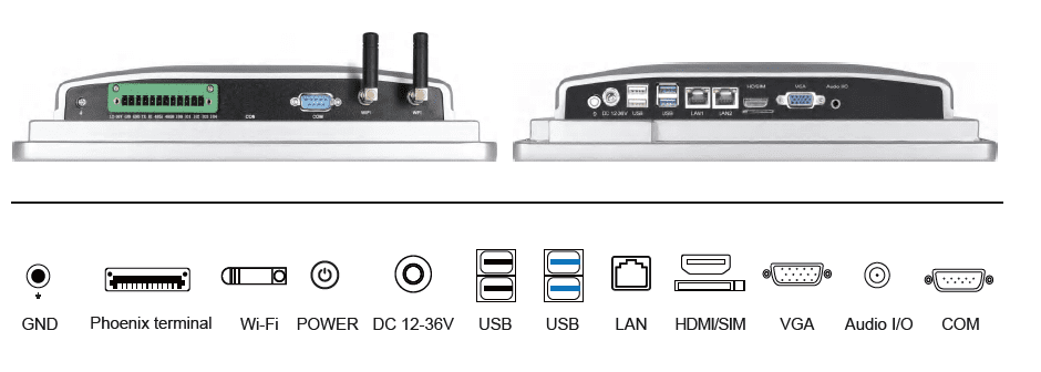 Connectivity ports and icons on electronic device. Connectivity ports and icons on electronic device.