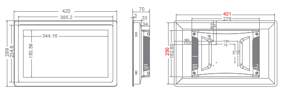 Rectangular monitor technical drawing with dimensions